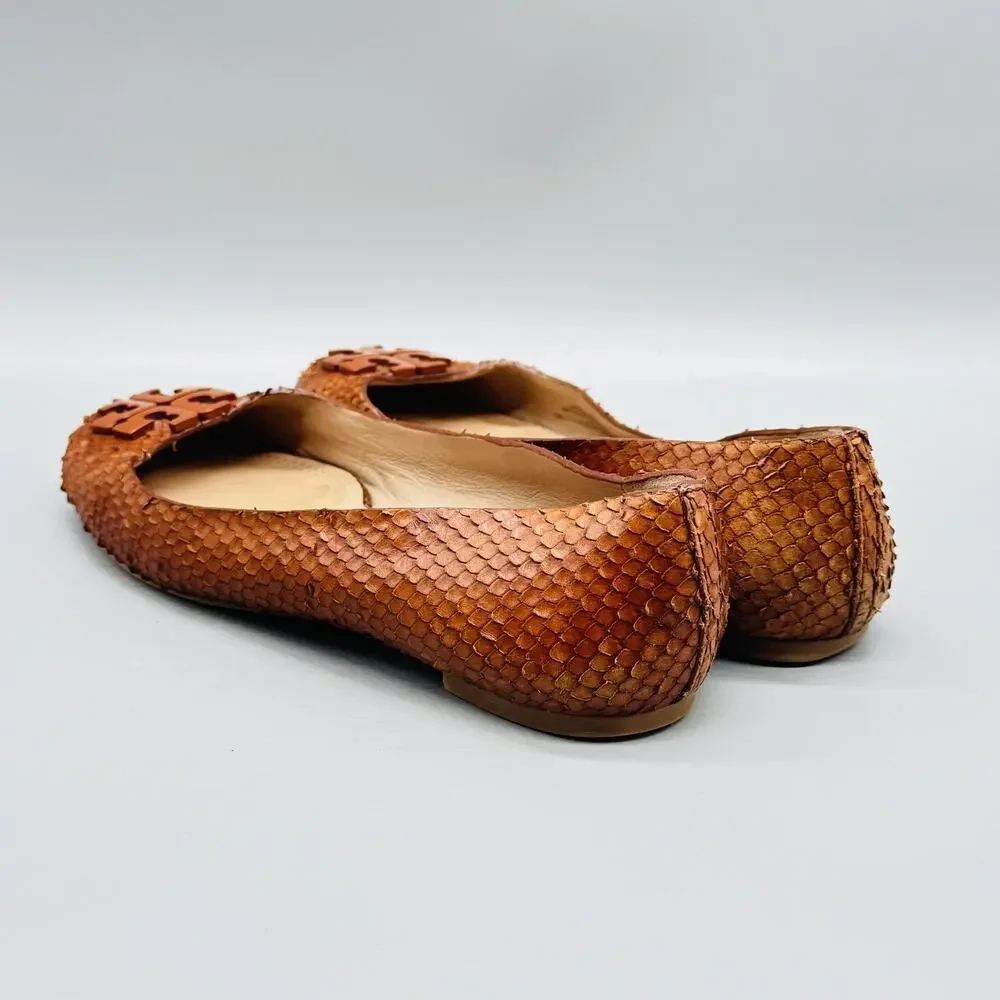 Tory Burch Shoes Womens 6 Brown Leather Snake Embossed Ballet Flats Logo Slip On